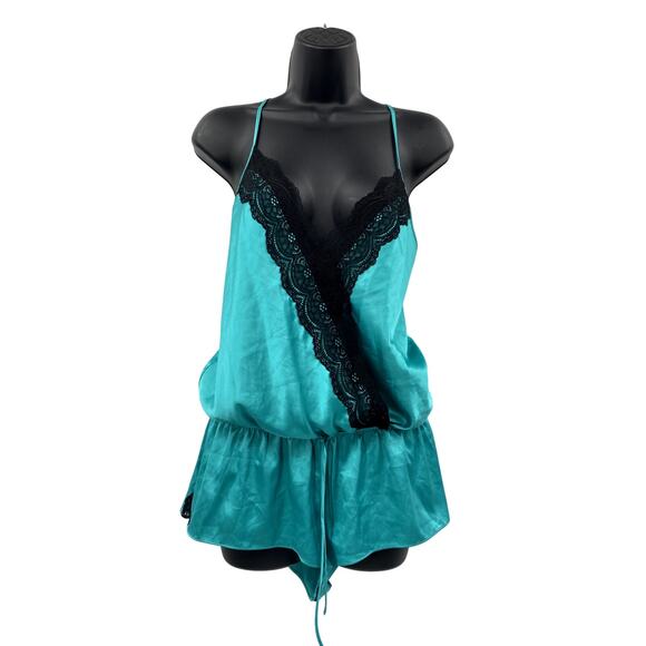 Victoria's Secret teal blue Satin Lace Romper Lingerie 2011